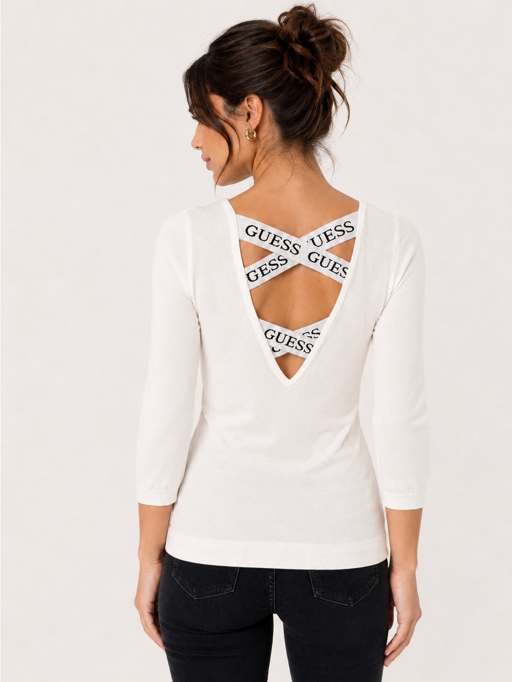 NWT GUESS Ivory Logo Strap Open Back 3/4 Sleeve Knit Top Size Small